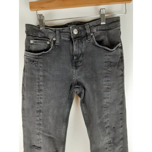 Zara Woman Black Denim Cropped Skinny Jeans Distressed Step Hem Stretch 4 - Picture 3 of 7